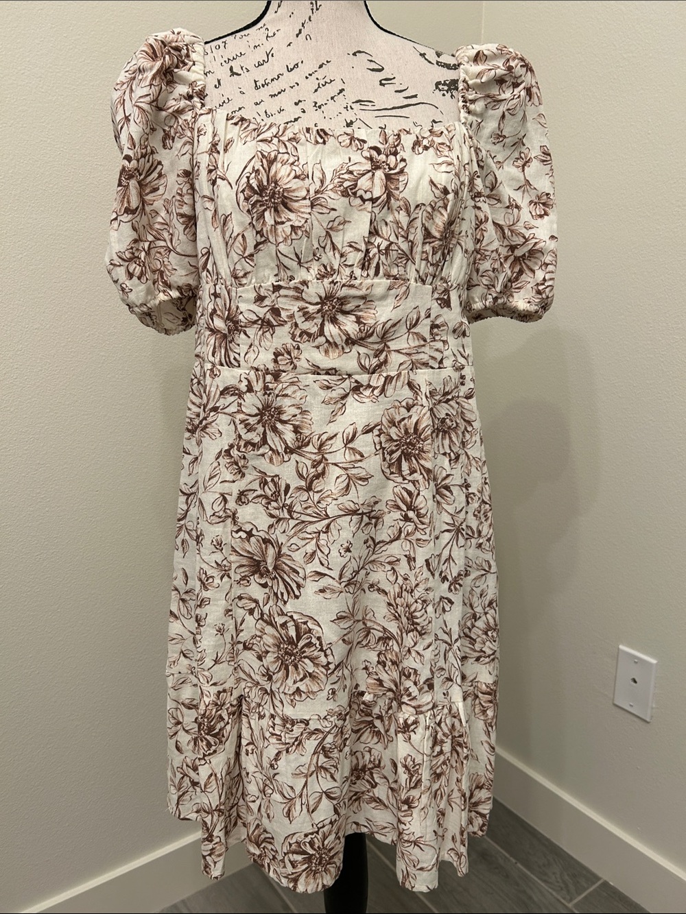 London Times Square-Neck Puff Sleeve Midi Dress in Cream with Brown Floral Print
